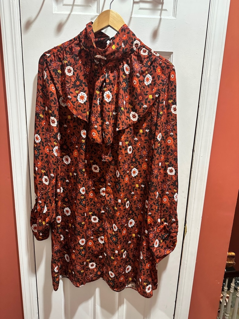Nanette Lepore Rust Floral Tie-Neck Dress